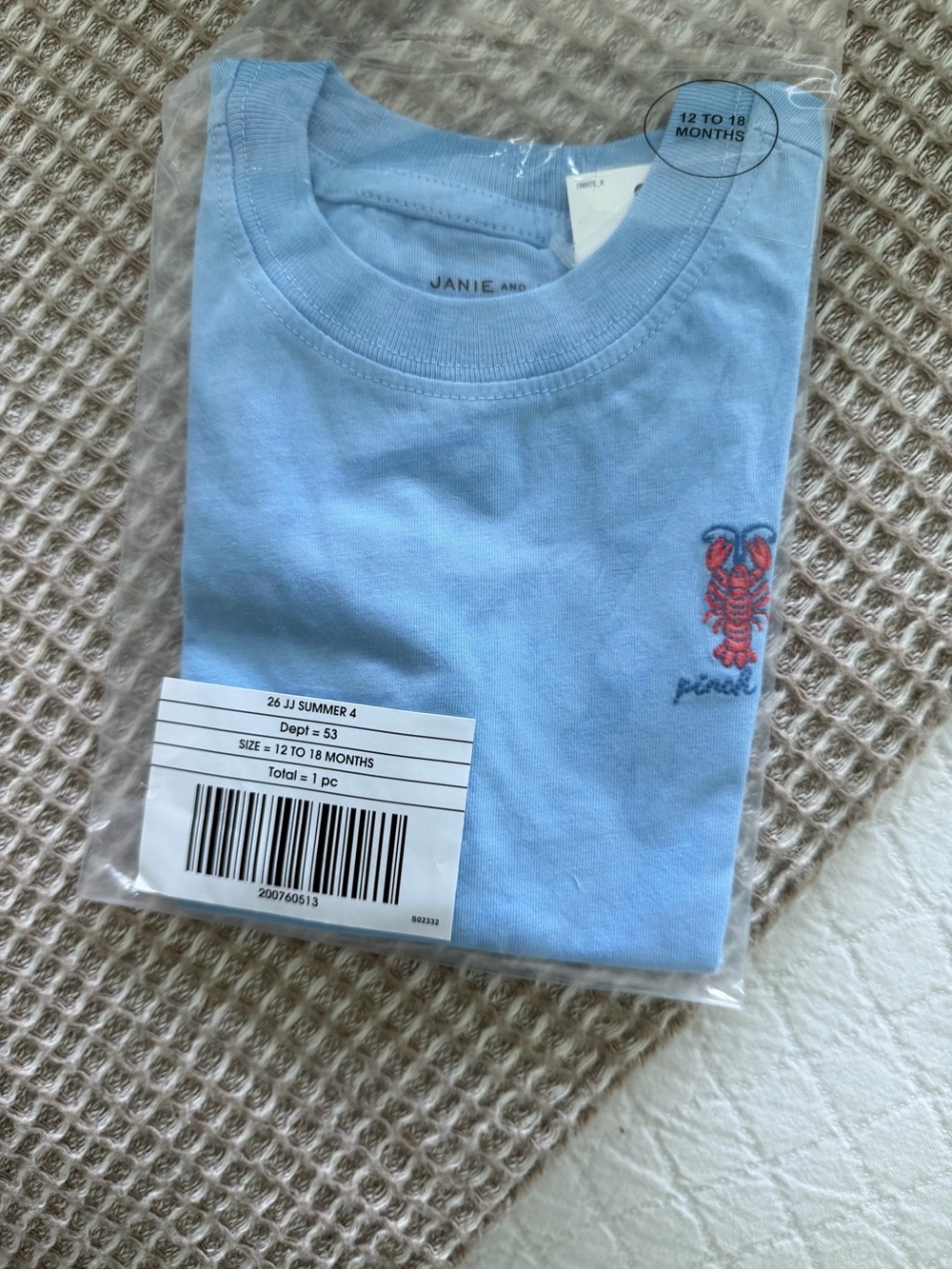 Janie and Jack Toddler Light Blue Lobster Pocket Tee 12 to 18 months NWT